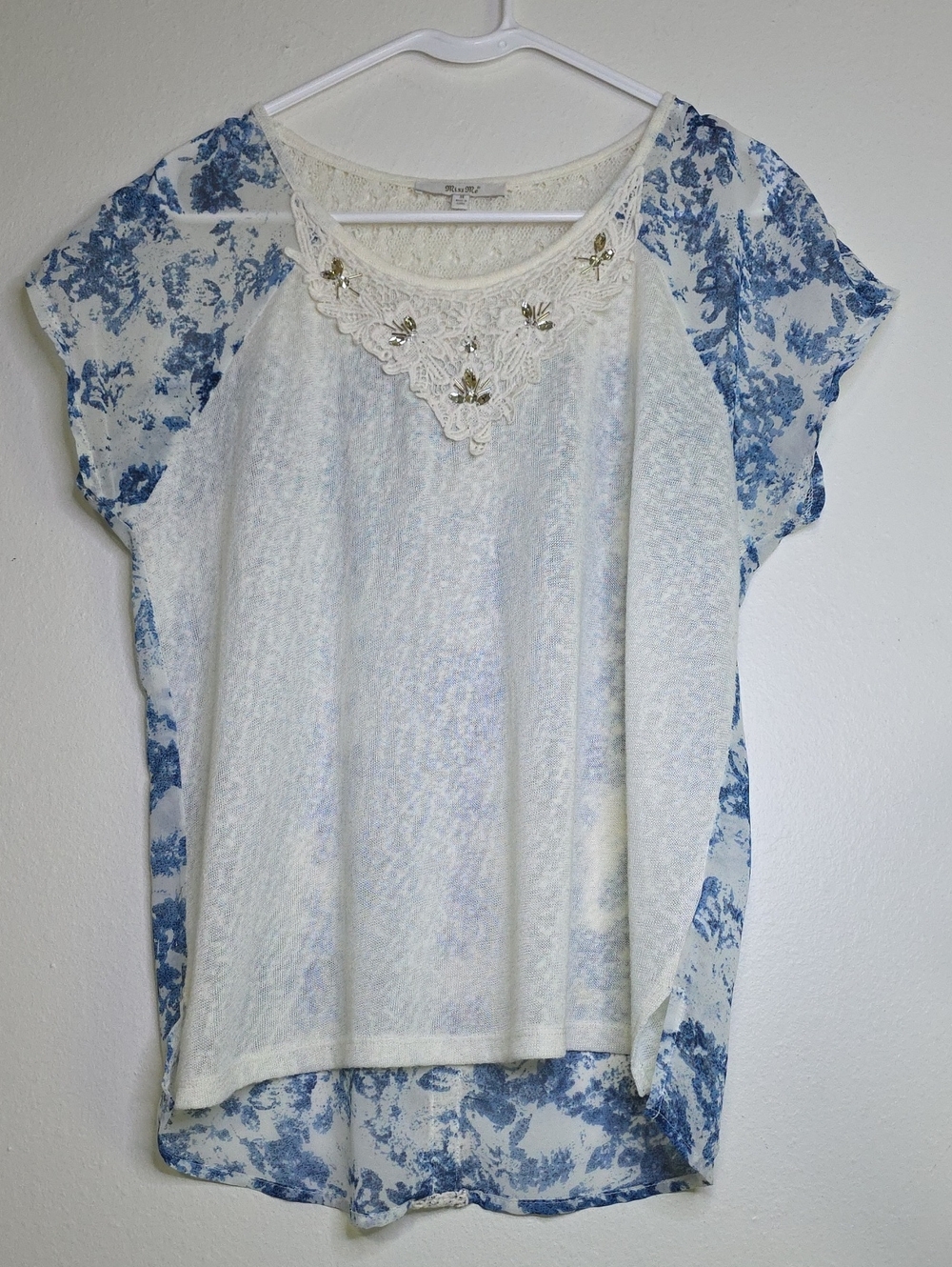 Miss Me White Top with Blue Floral Raglan Sleeves and Lace V-Neck